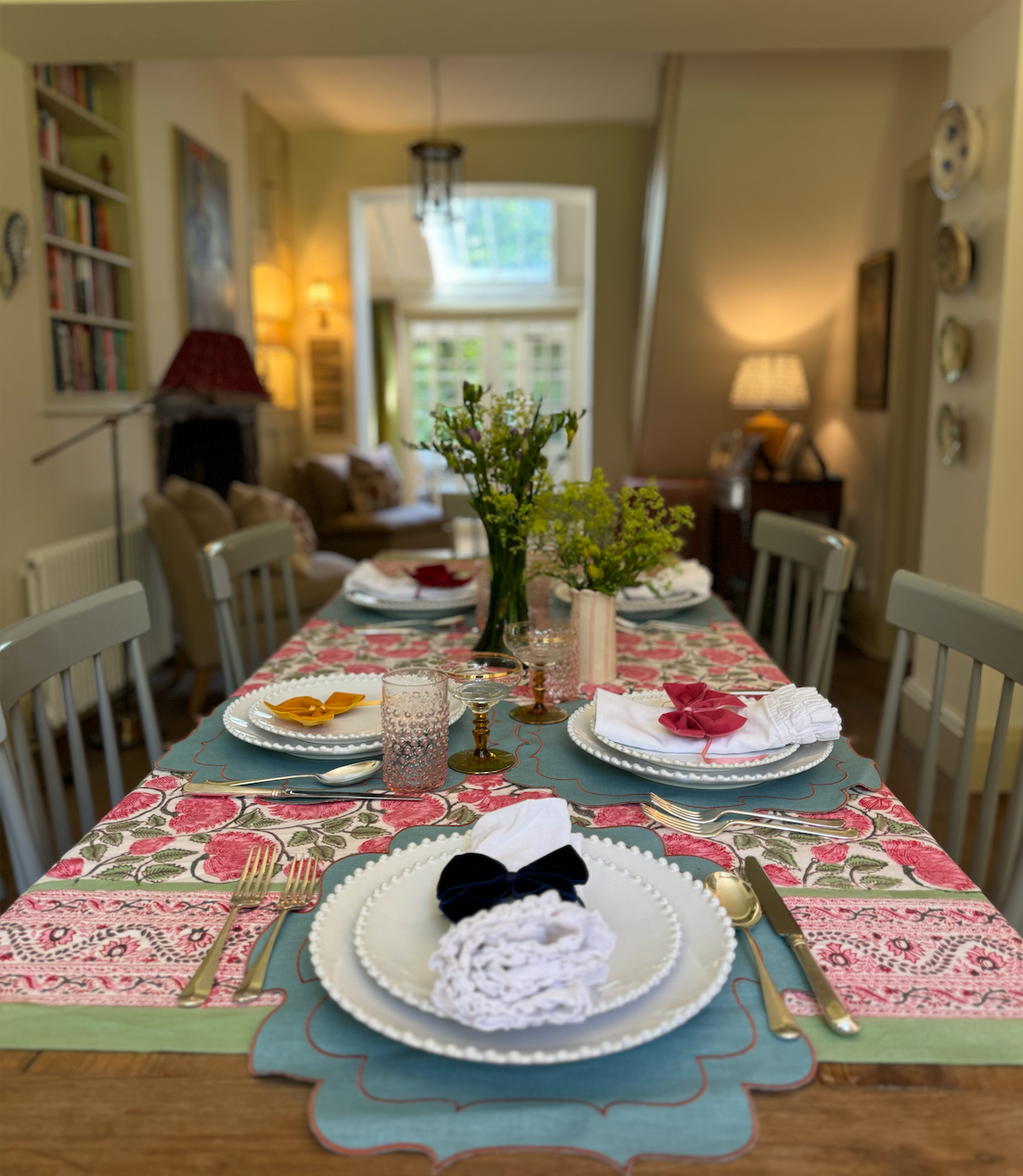 Pink & Green on White Blockprinted Cotton Tablecloth - Various Sizes