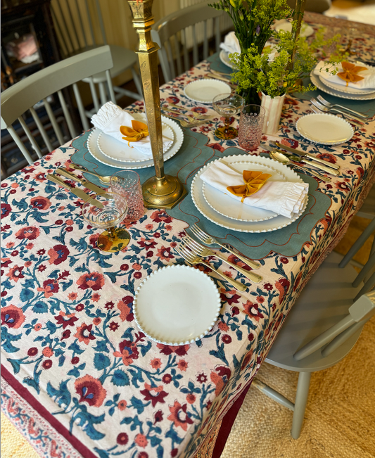 Wine Red with Blue Blockprinted Cotton Tablecloth - Various Sizes