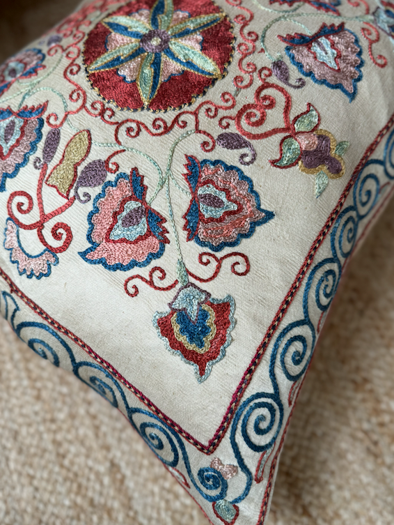 Stunning Pink, Lilac & Soft Blue Silk Suzani Cushion