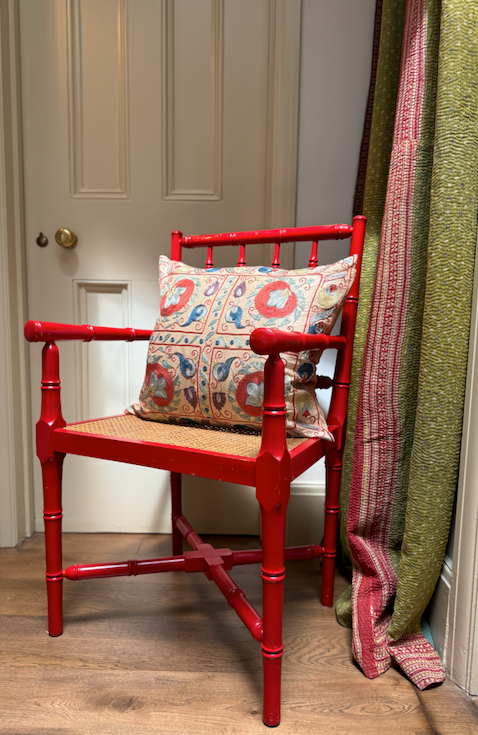 Radiant Red with Blue Silk Suzani Cushion