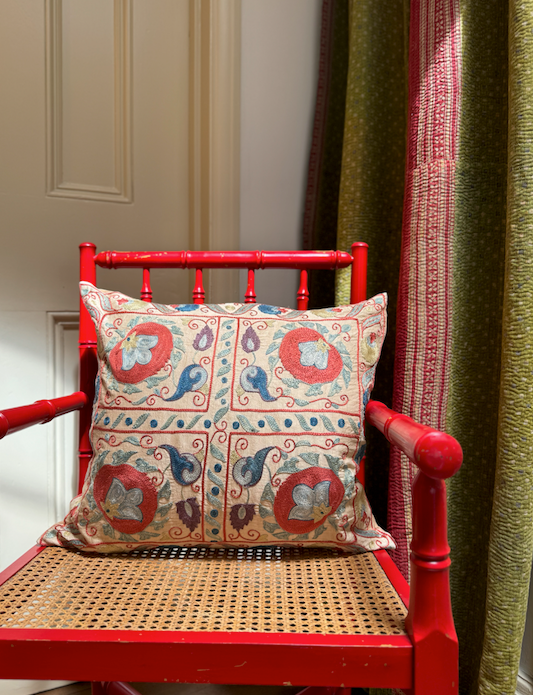 Radiant Red with Blue Silk Suzani Cushion