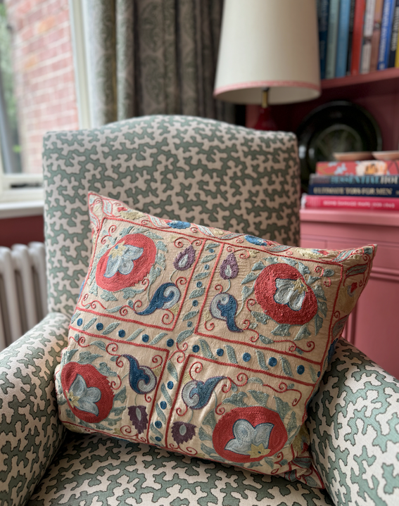 Radiant Red with Blue Silk Suzani Cushion