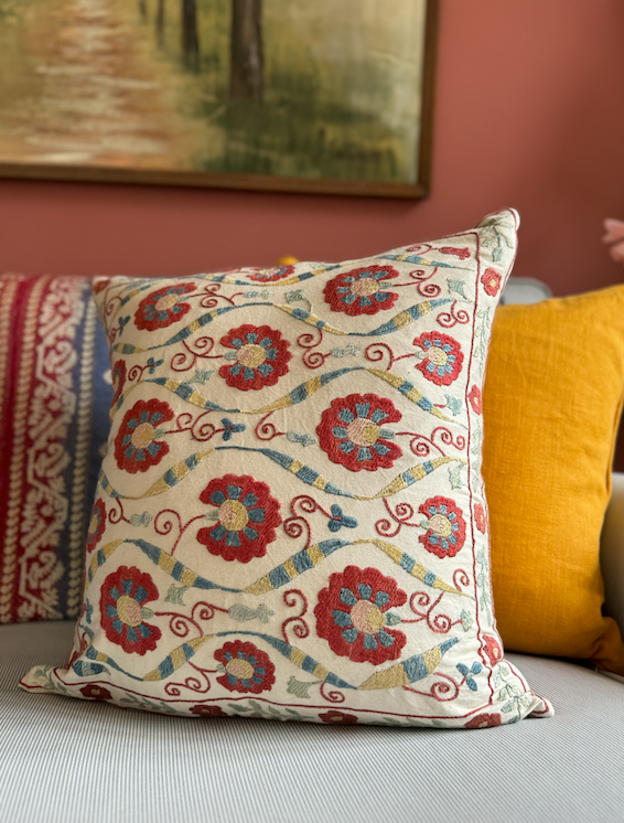 Red, Blue & Floral Patterned Silk Suzani Cushion