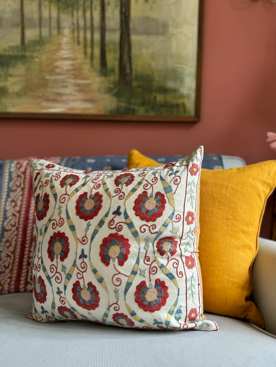 Red, Blue & Floral Patterned Silk Suzani Cushion