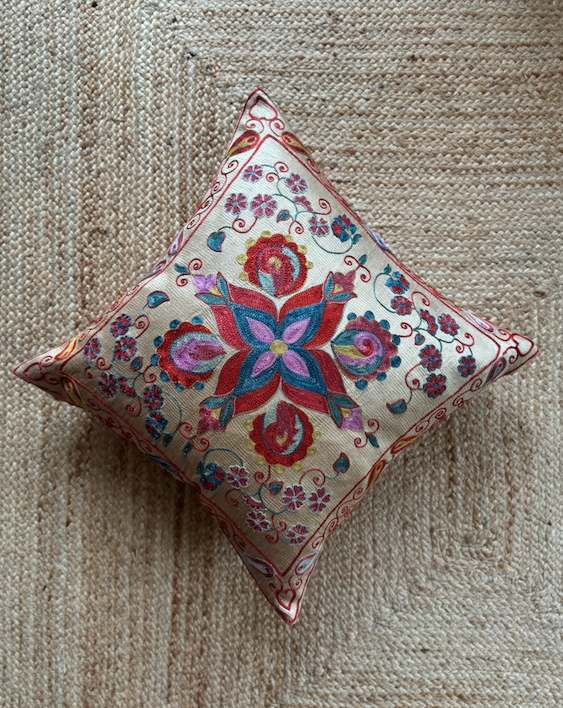 Pretty Pink Star Silk Suzani Cushion