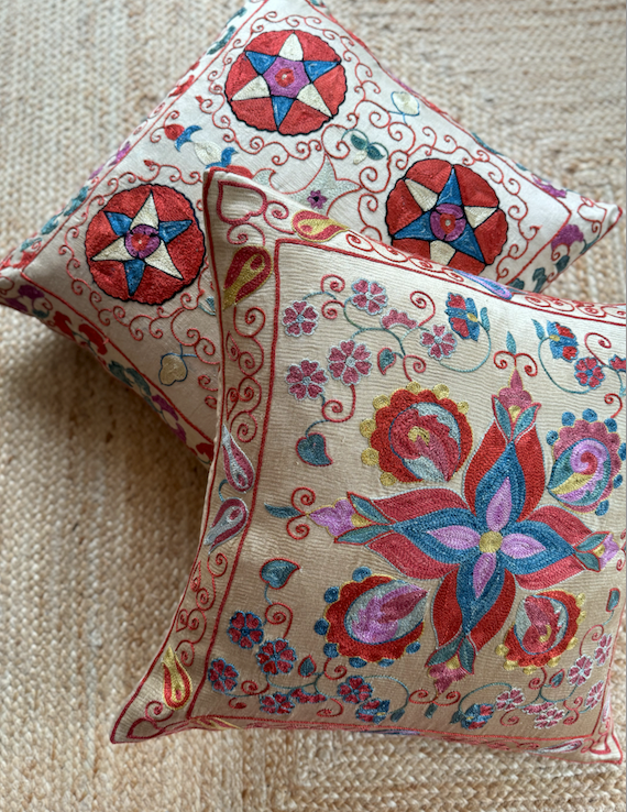 Pretty Pink Star Silk Suzani Cushion