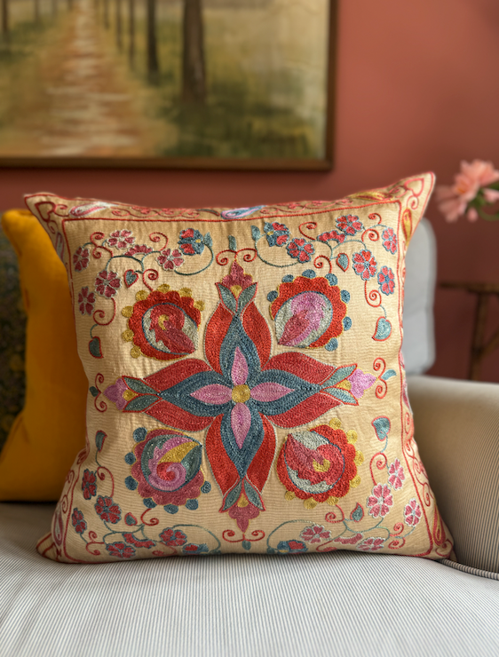 Pretty Pink Star Silk Suzani Cushion