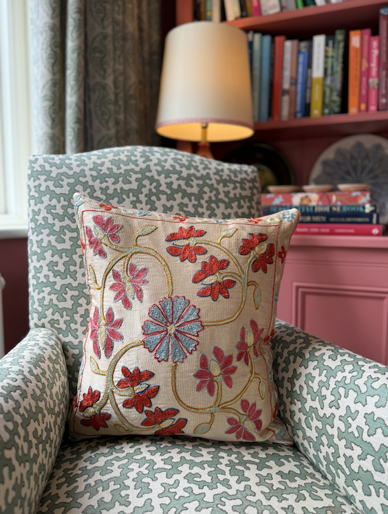 Cherry Red & Pink Bloom Silk Suzani Cushion