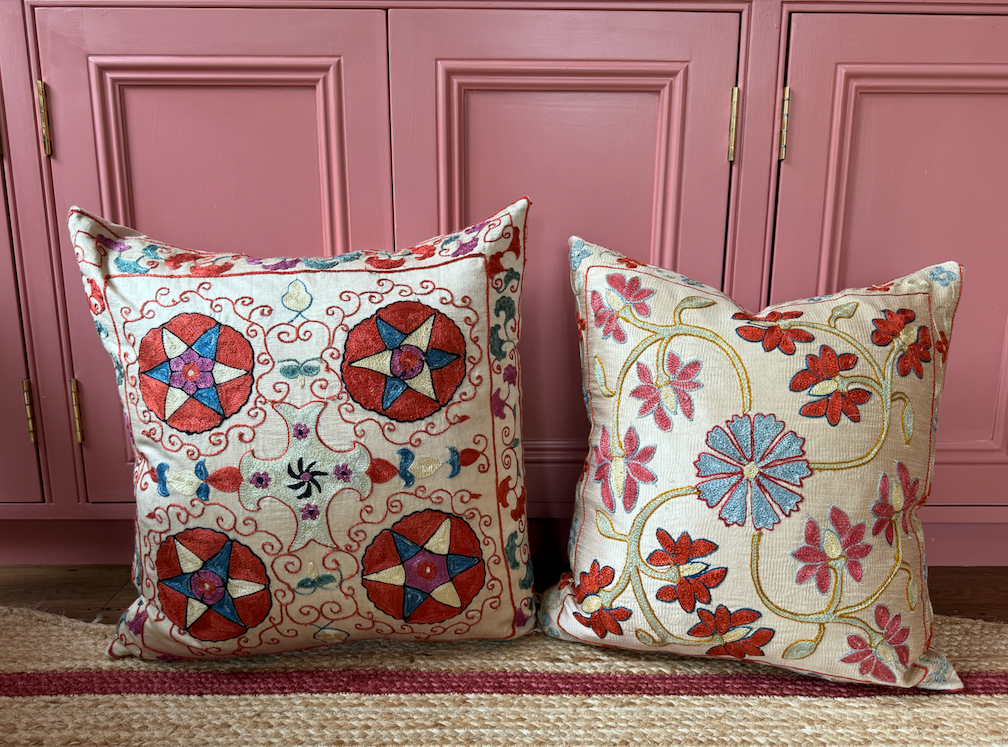 Cherry Red & Pink Bloom Silk Suzani Cushion