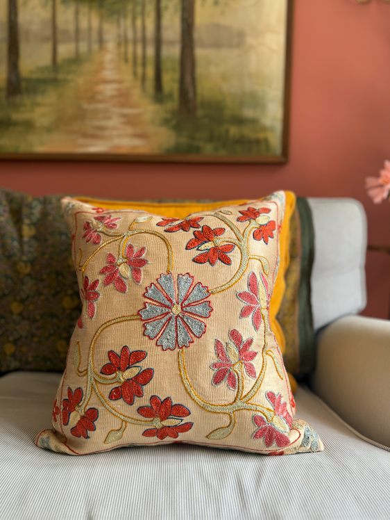 Cherry Red & Pink Bloom Silk Suzani Cushion