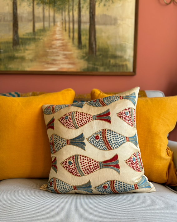 Blue & Red Fish Silk Suzani Cushion