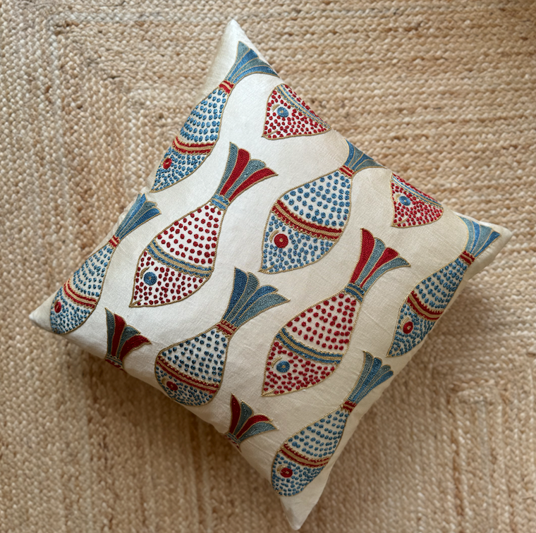 Blue & Red Fish Silk Suzani Cushion