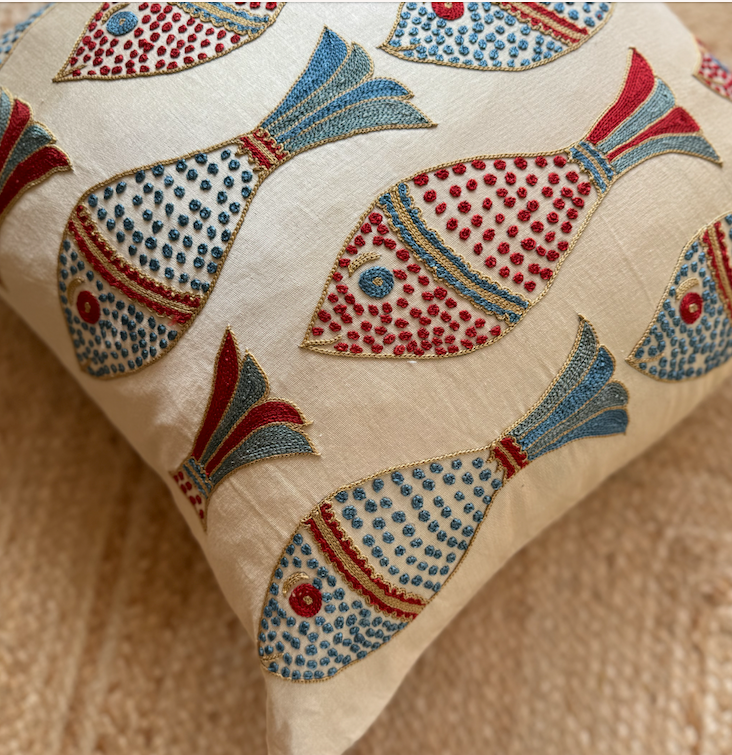 Blue & Red Fish Silk Suzani Cushion