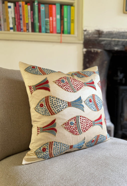 Blue & Red Fish Silk Suzani Cushion