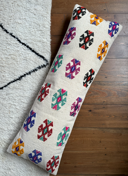 Large Playful Embroidered Bolster Kilim Cushion