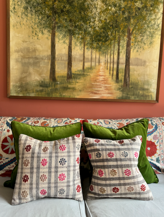 Pair of Grey Checked Square Kilim Cushions