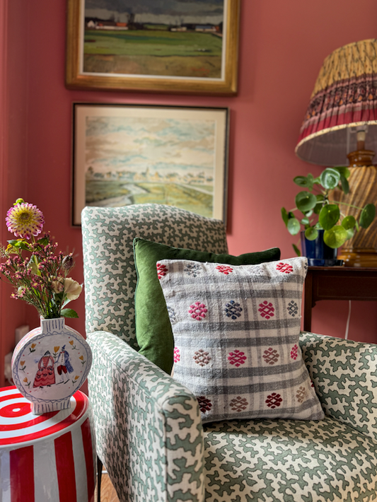 Pair of Grey Checked Square Kilim Cushions