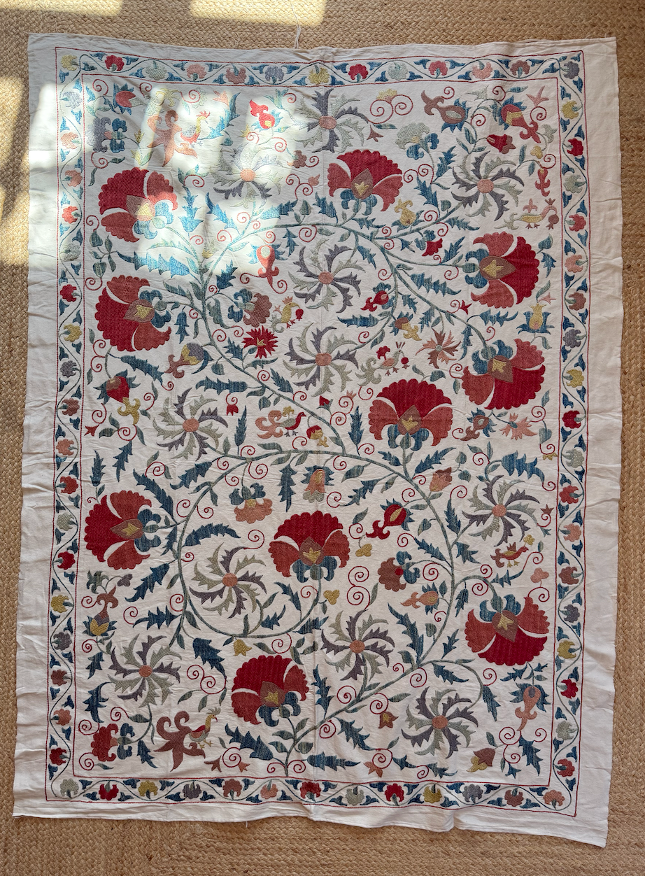 Dense Red Floral & Silvery Foliage Suzani, Medium
