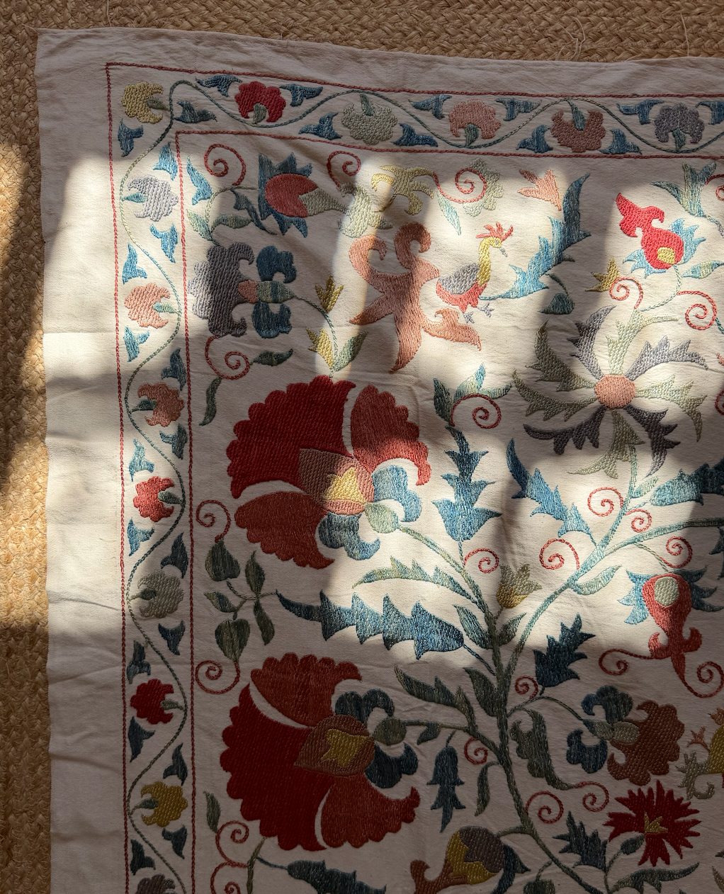 Dense Red Floral & Silvery Foliage Suzani, Medium
