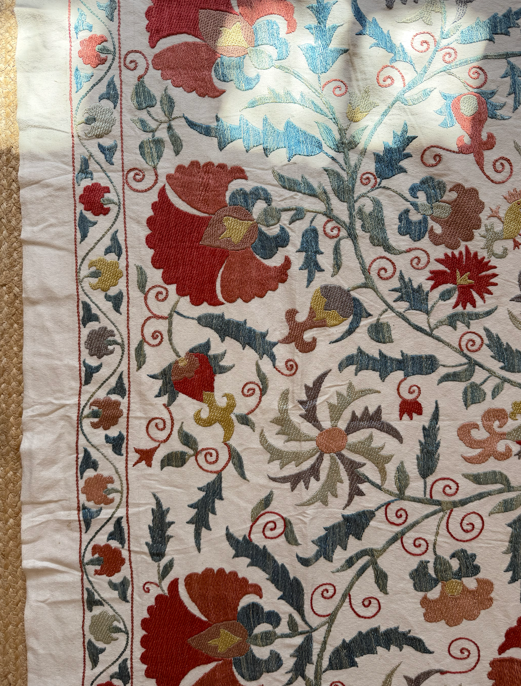 Dense Red Floral & Silvery Foliage Suzani, Medium