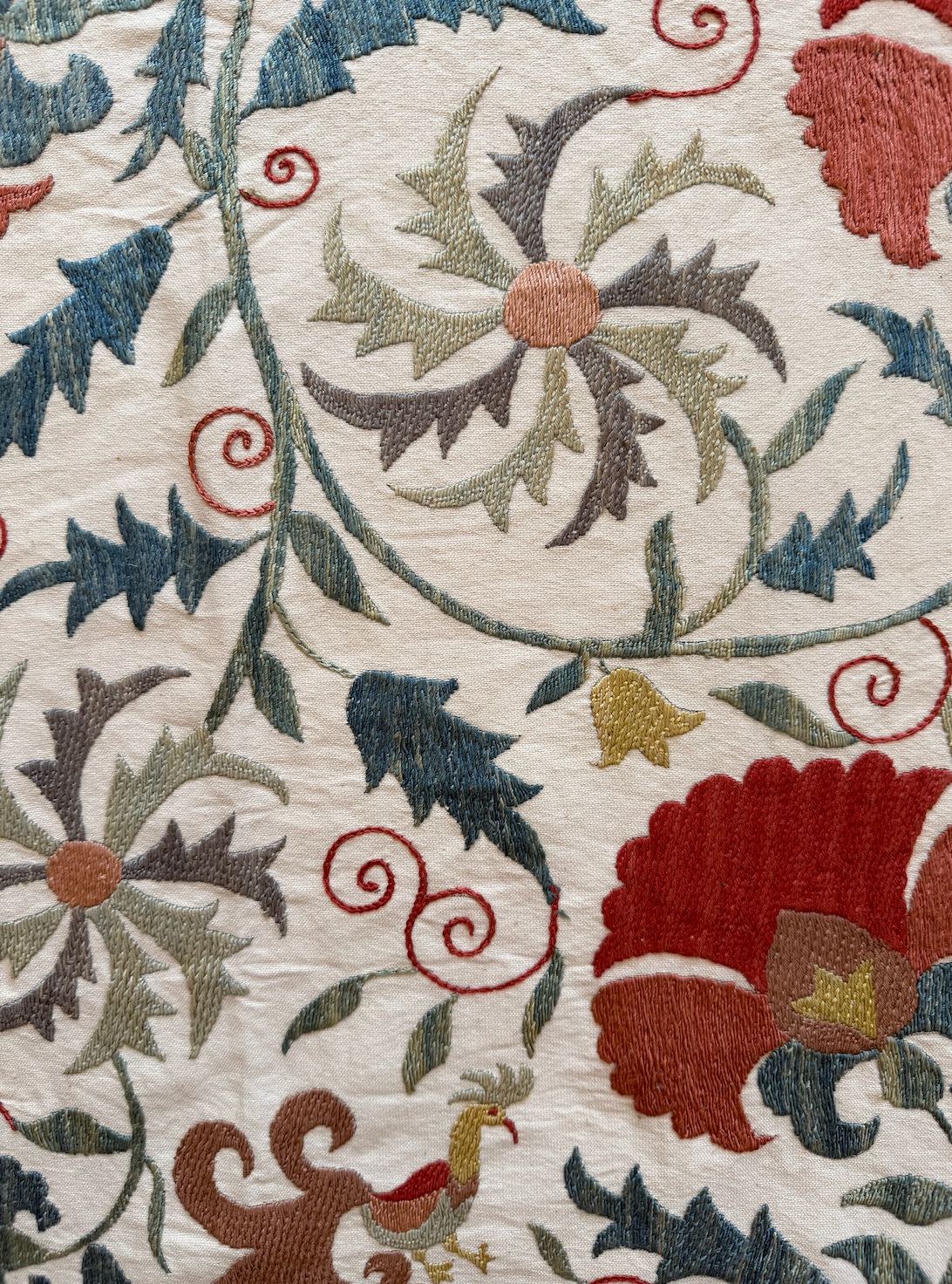 Dense Red Floral & Silvery Foliage Suzani, Medium
