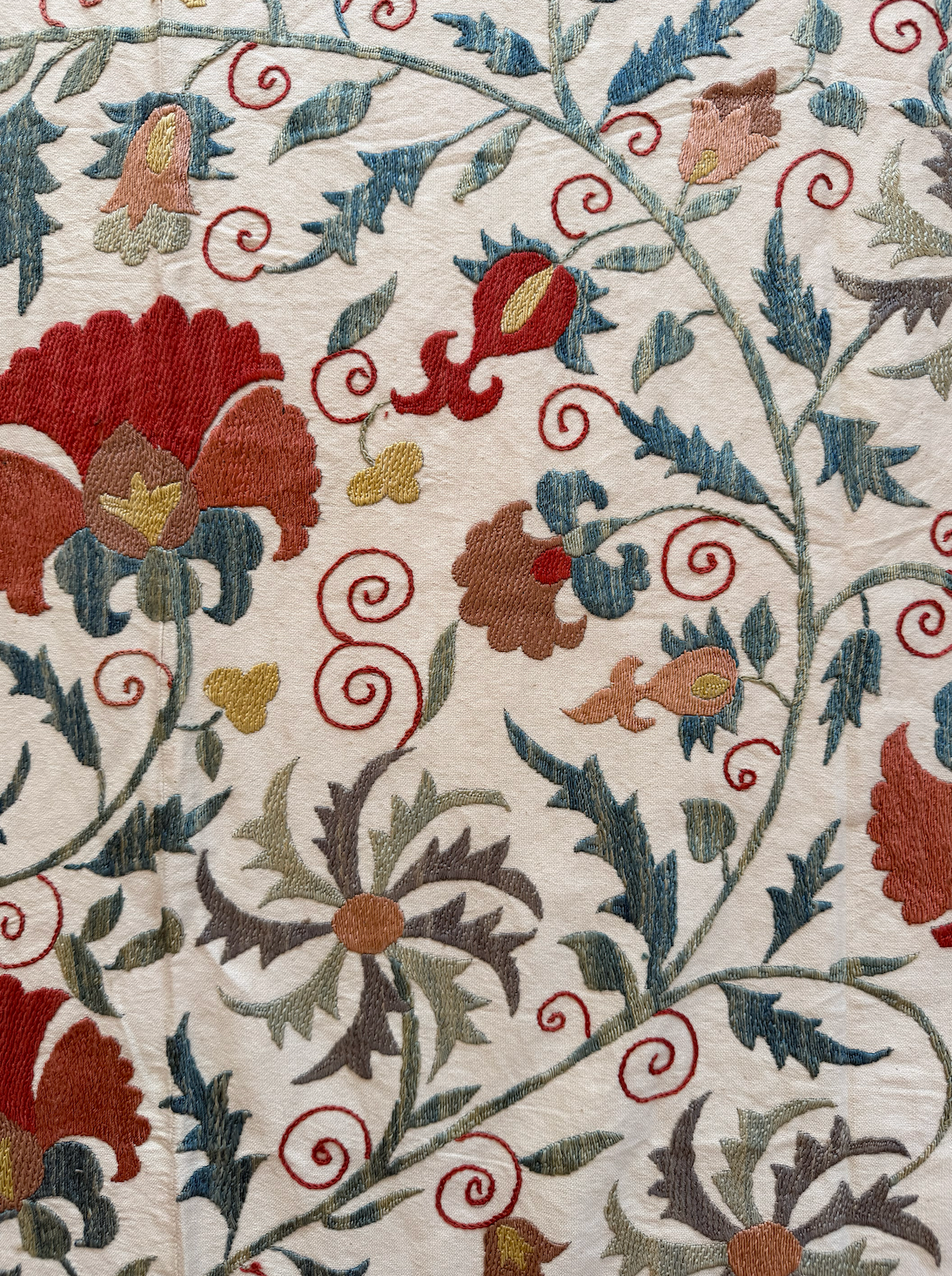Dense Red Floral & Silvery Foliage Suzani, Medium