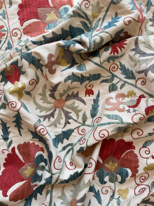 Dense Red Floral & Silvery Foliage Suzani, Medium