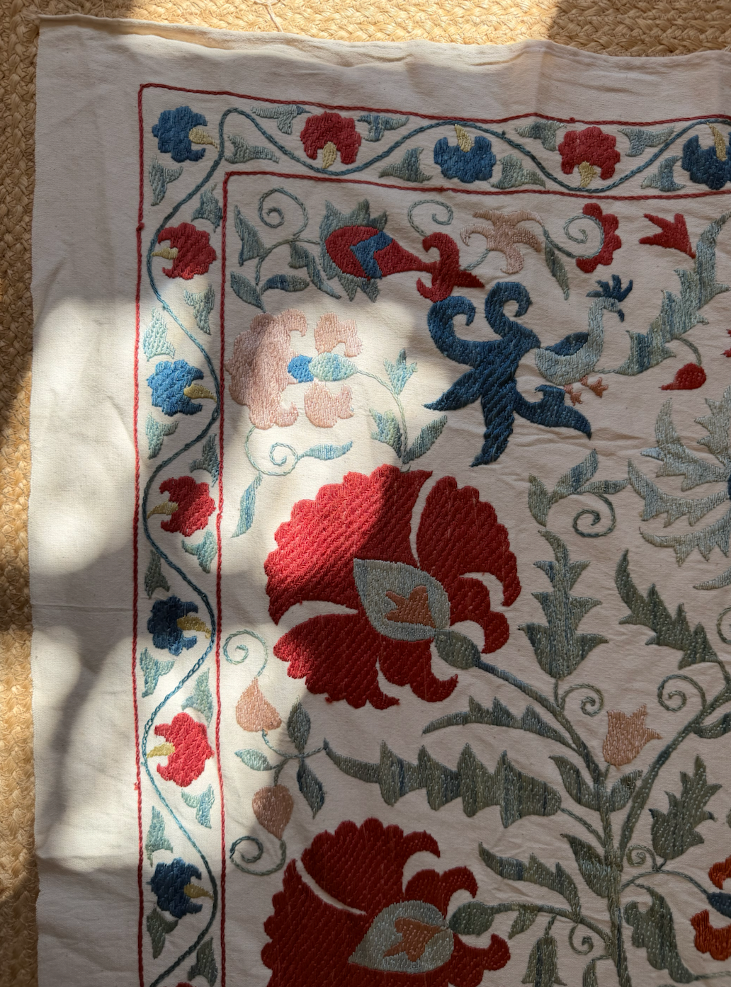 Large Red Floral Suzani with Pale Blue Foliage, Medium