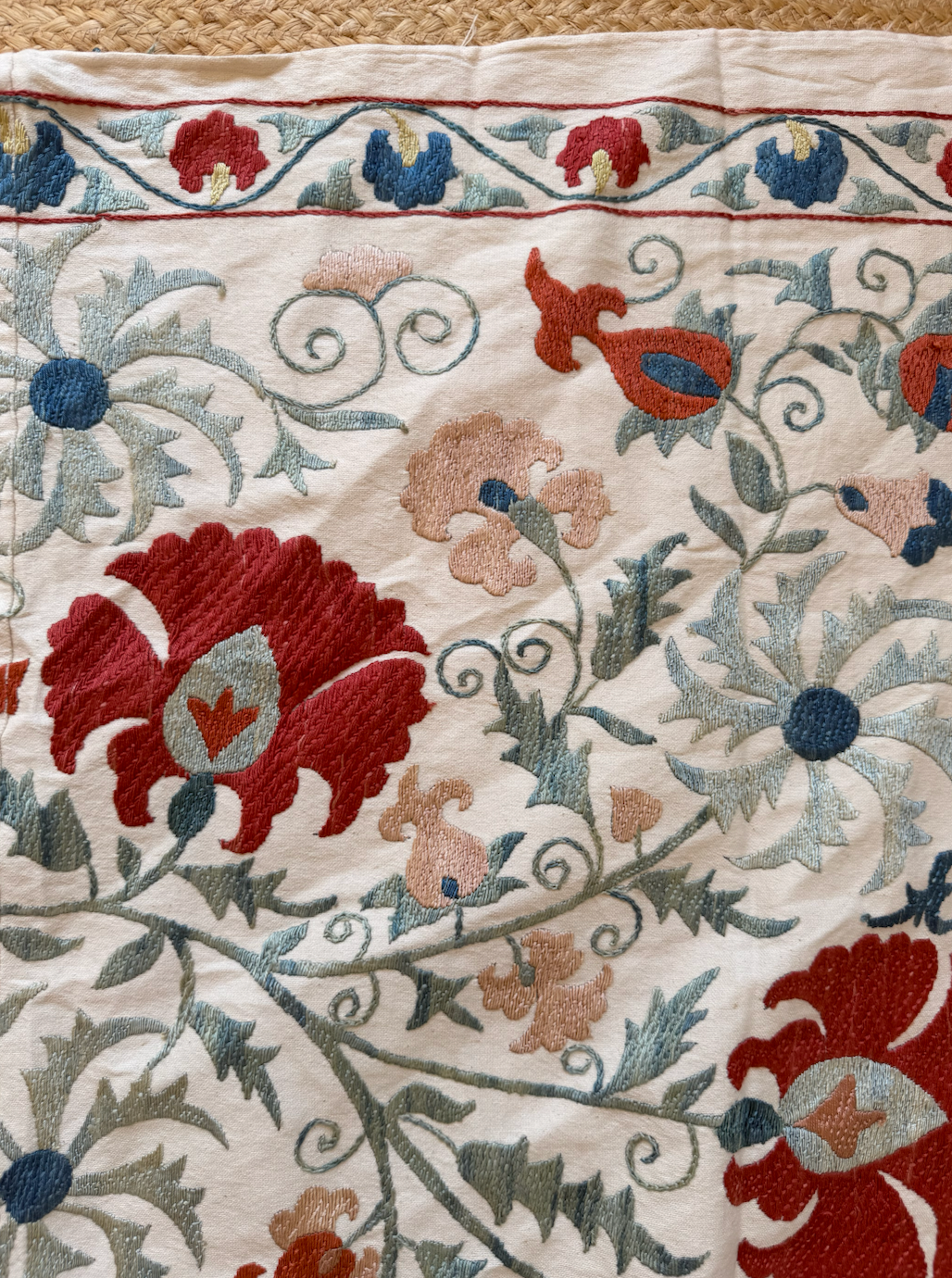 Large Red Floral Suzani with Pale Blue Foliage, Medium