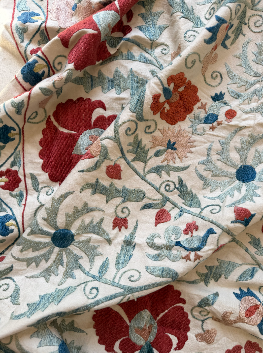 Large Red Floral Suzani with Pale Blue Foliage, Medium