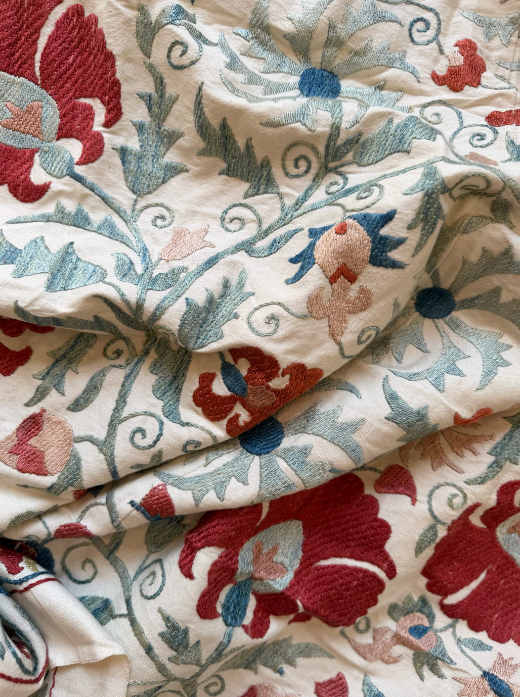 Large Red Floral Suzani with Pale Blue Foliage, Medium