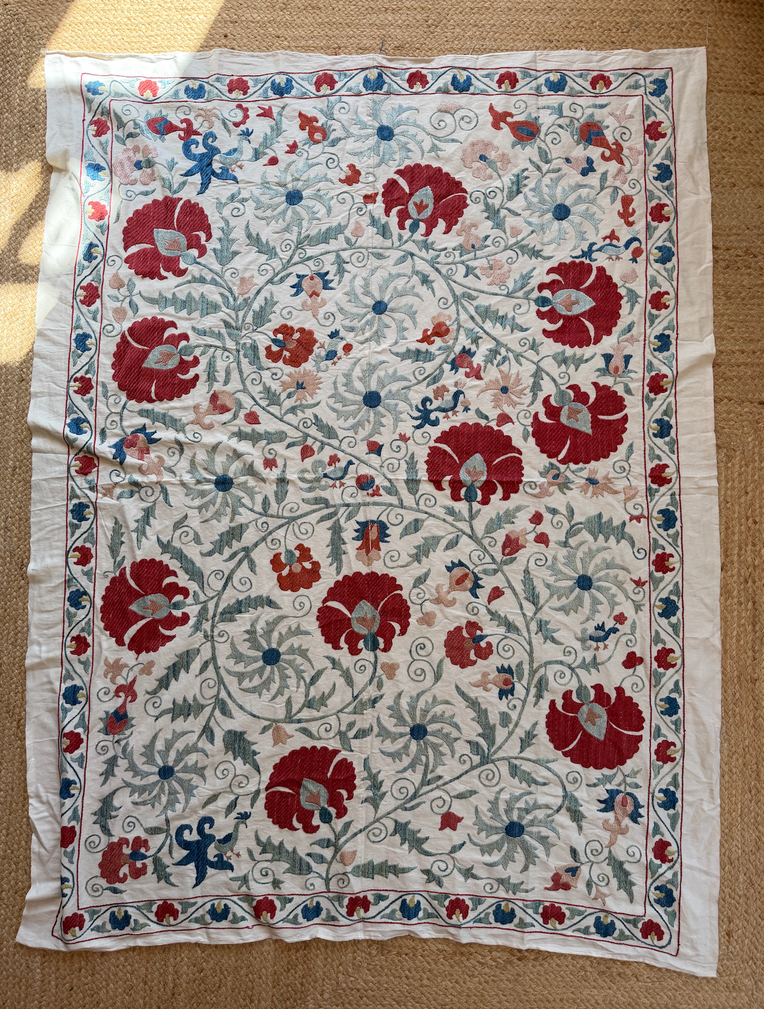 Large Red Floral Suzani with Pale Blue Foliage, Medium