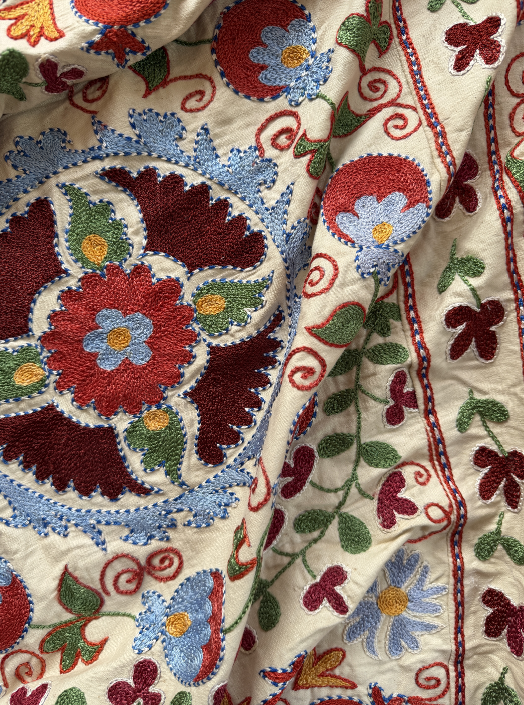 Bold multicoloured large Suzani fabric, additional detail view