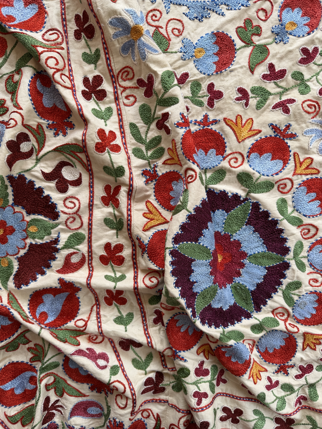 Bold multicoloured large Suzani fabric, close-up view