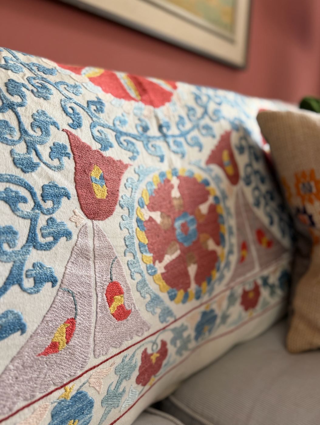 Red Medallion & Blue Scrolling Suzani, Medium