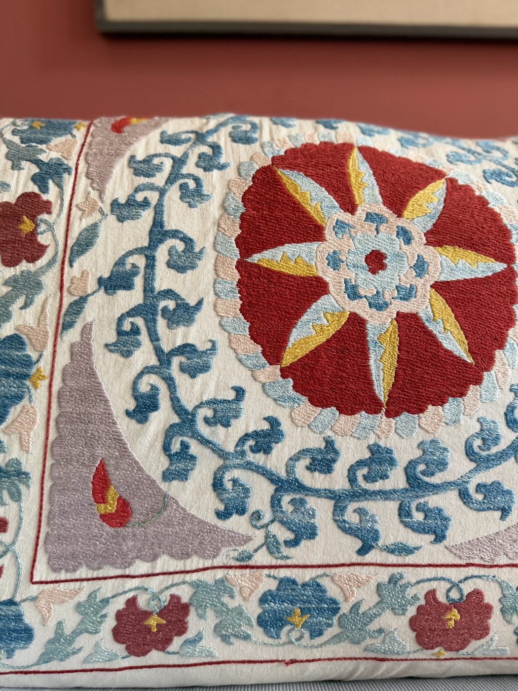 Red Medallion & Blue Scrolling Suzani, Medium