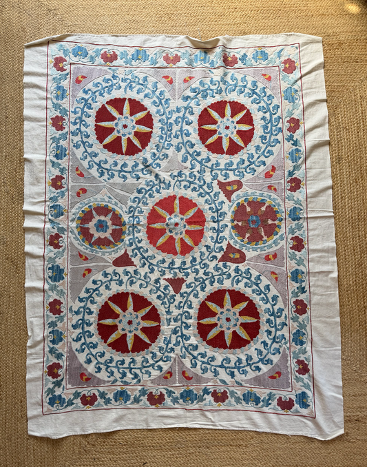 Red Medallion & Blue Scrolling Suzani, Medium