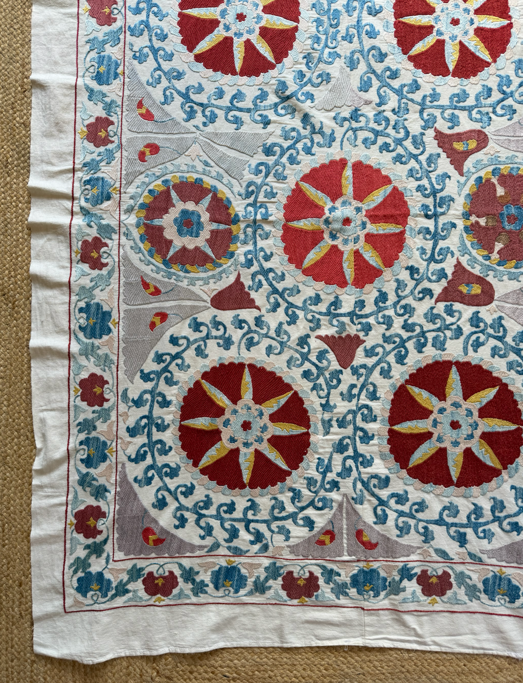 Red Medallion & Blue Scrolling Suzani, Medium