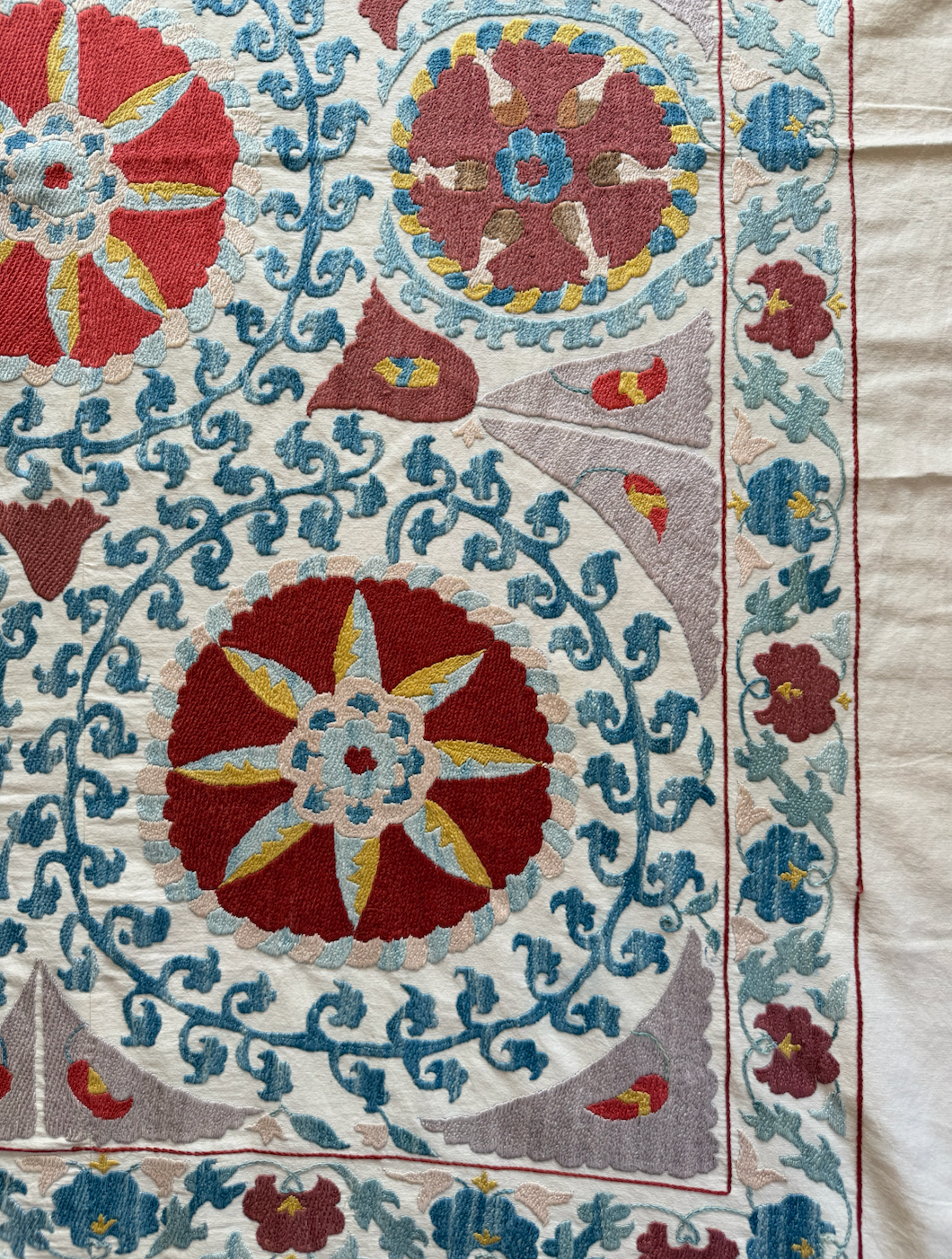 Red Medallion & Blue Scrolling Suzani, Medium