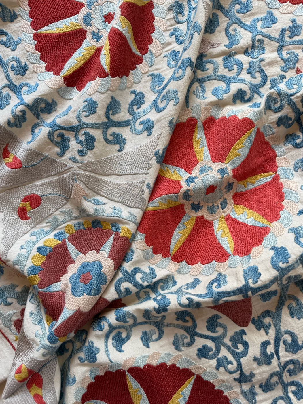 Red Medallion & Blue Scrolling Suzani, Medium
