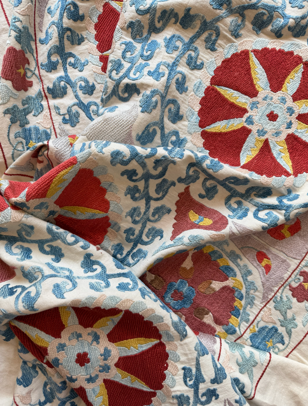 Red Medallion & Blue Scrolling Suzani, Medium