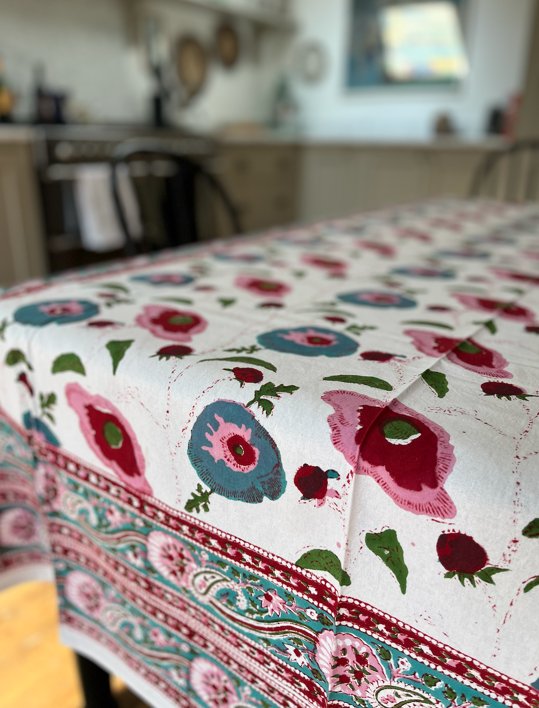 Blue, Pinks & Red Blockprinted Cotton Tablecloth - Various Sizes