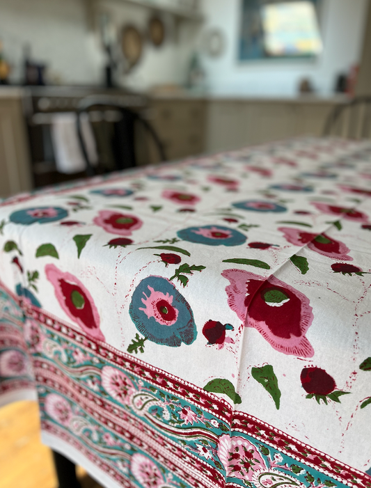 Blue, Pinks & Red Blockprinted Cotton Tablecloth - Various Sizes