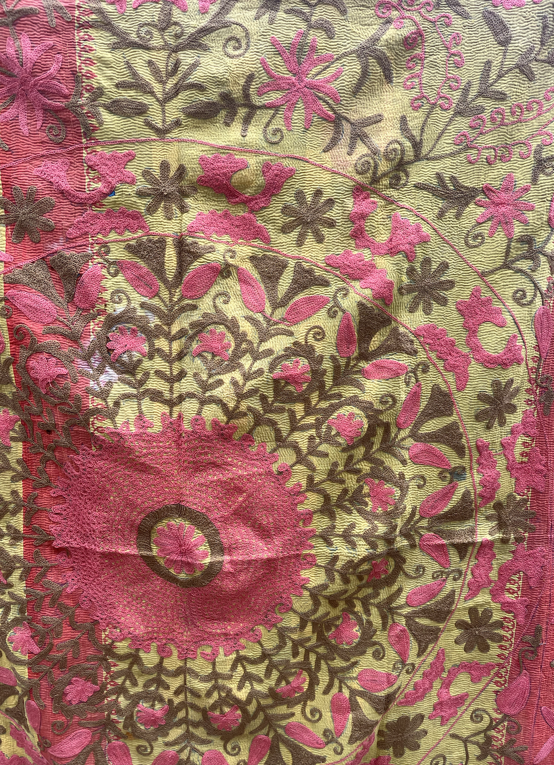 Bold Yellow & Pink Embroidered Cotton Kantha Quilt