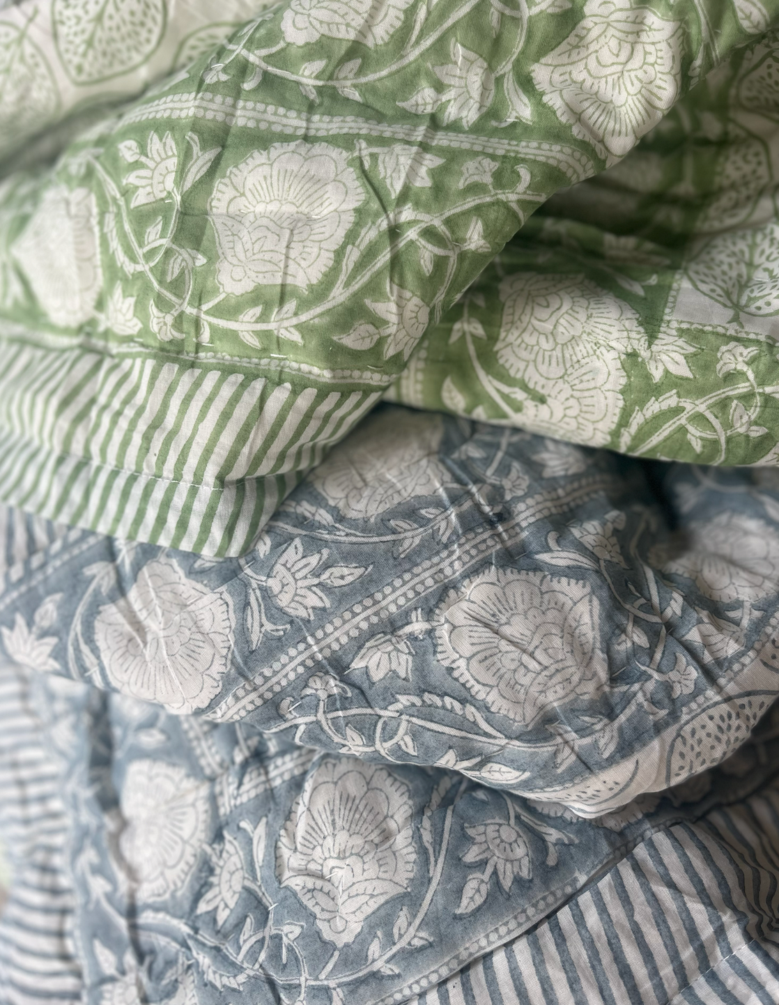 Block-Printed Cotton Quilt - Green Fern