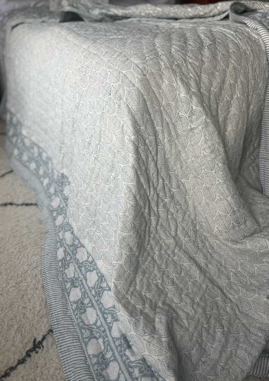 Soft Blue Blockprinted Cotton Quilt