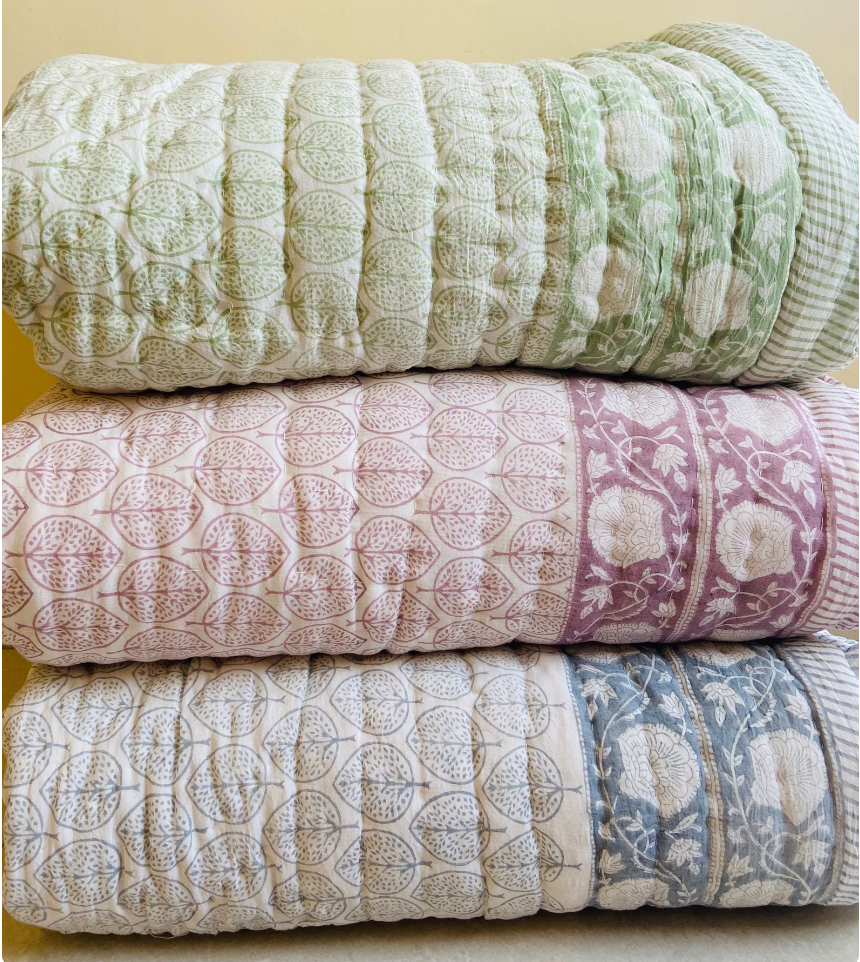 Soft Blue Blockprinted Cotton Quilt Sourced By Holly