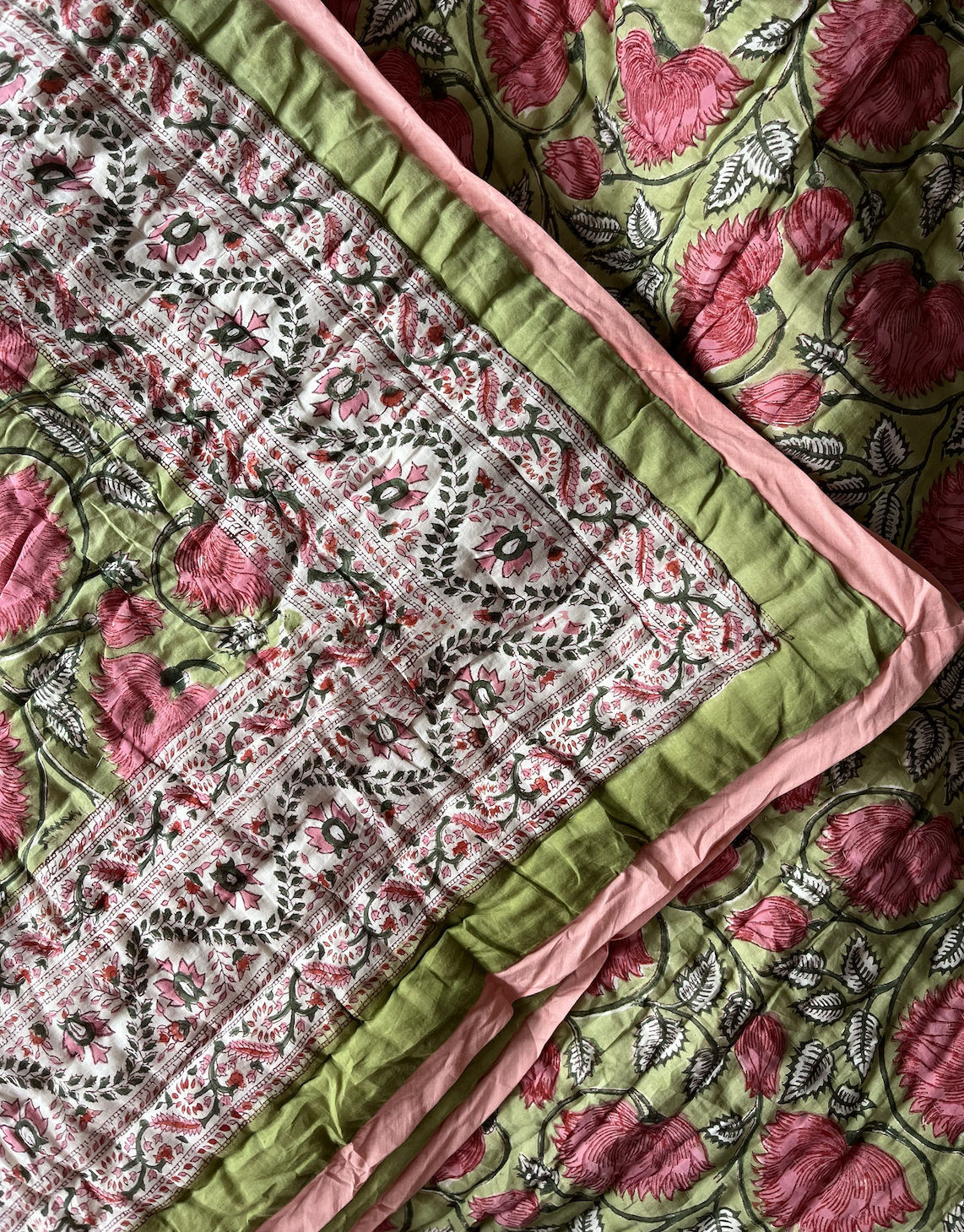 Vibrant Pink & Green Rose Blockprinted Cotton Quilt