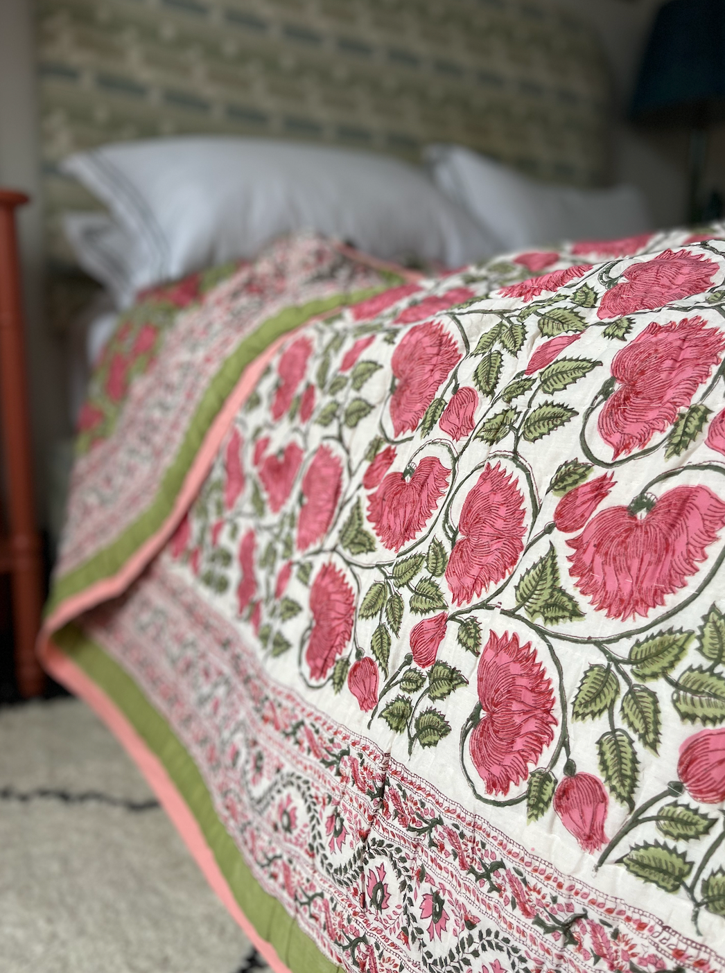 Vibrant Pink & Green Rose Blockprinted Cotton Quilt