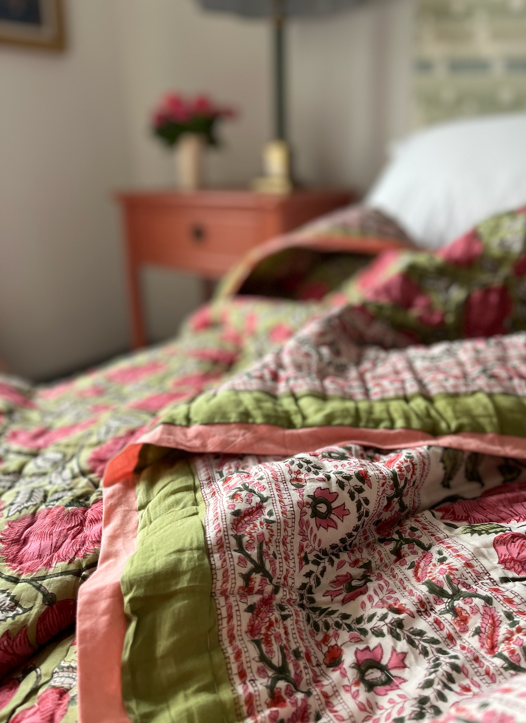 Vibrant Pink & Green Rose Blockprinted Cotton Quilt